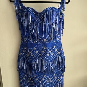 Elegant Beaded Mini Dress in Blue